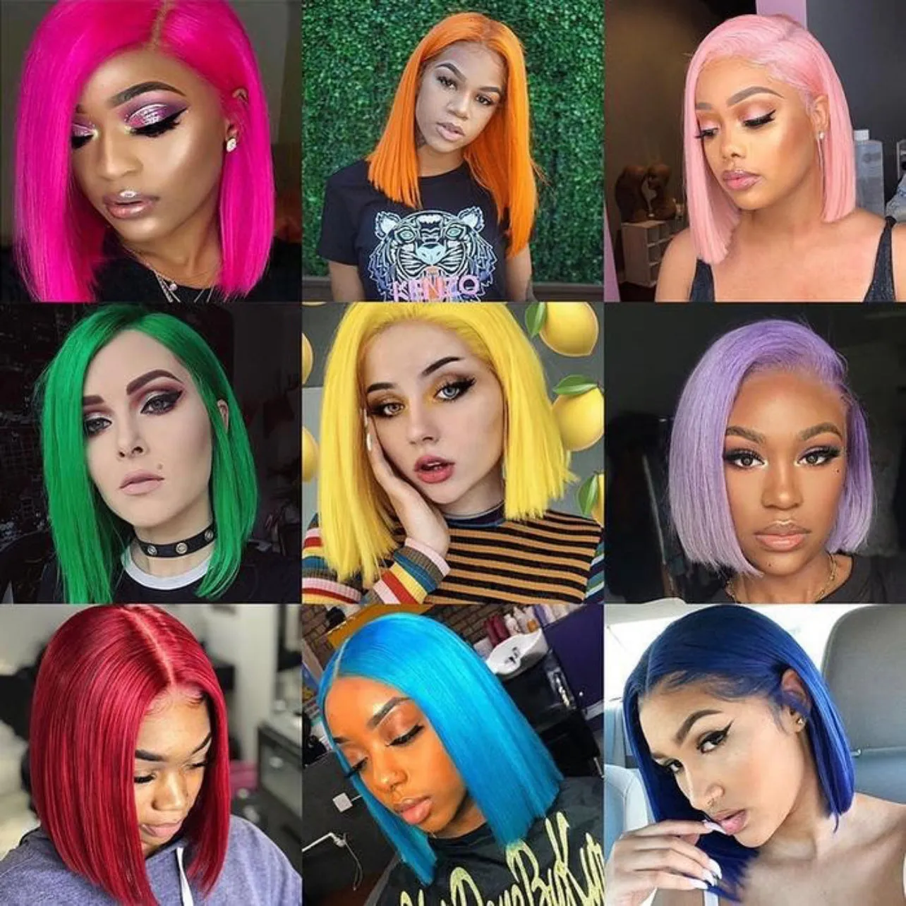 12 Inch Gradient Colorful Short Length Straight Bob Wigs virgin human hair Cosplay Daily Party Wigs for Women