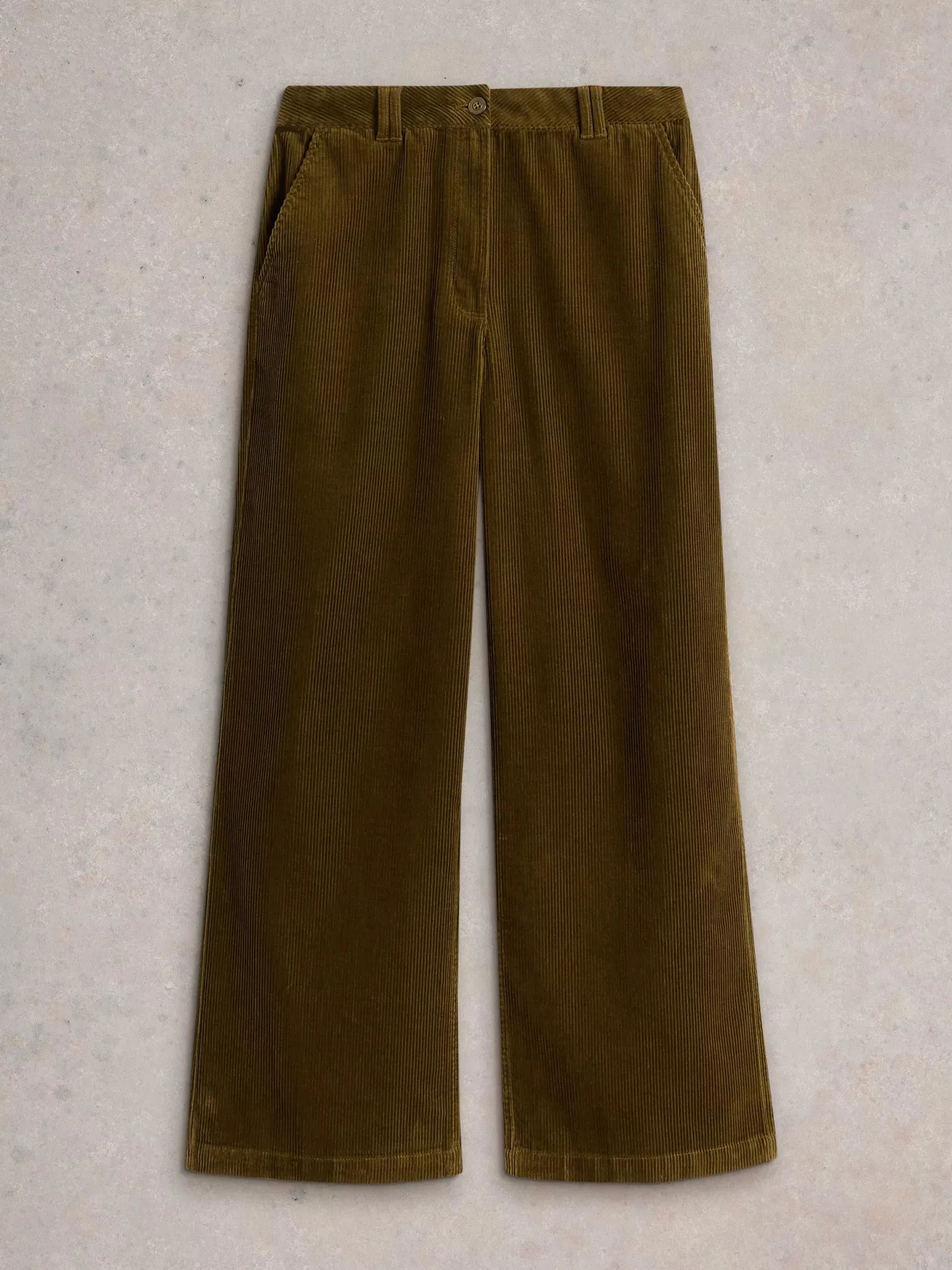 BELLE wide-leg Cord Trouser in Green Khaki by WhiteStuff
