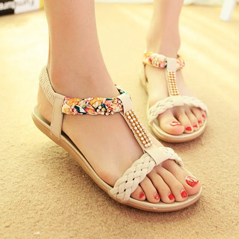 Bling Floral Rhinestone T-Strap Flat Sandal