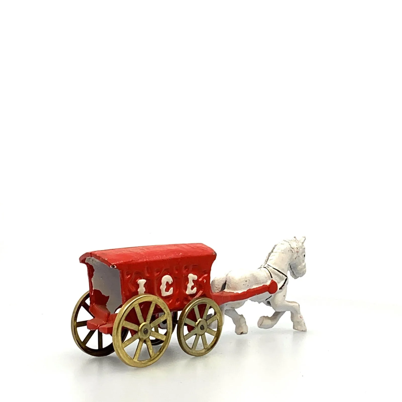 Champion Cast Iron Red Ice Wagon White Horse Drawn Cart Carriage Toy, Gold Wheels