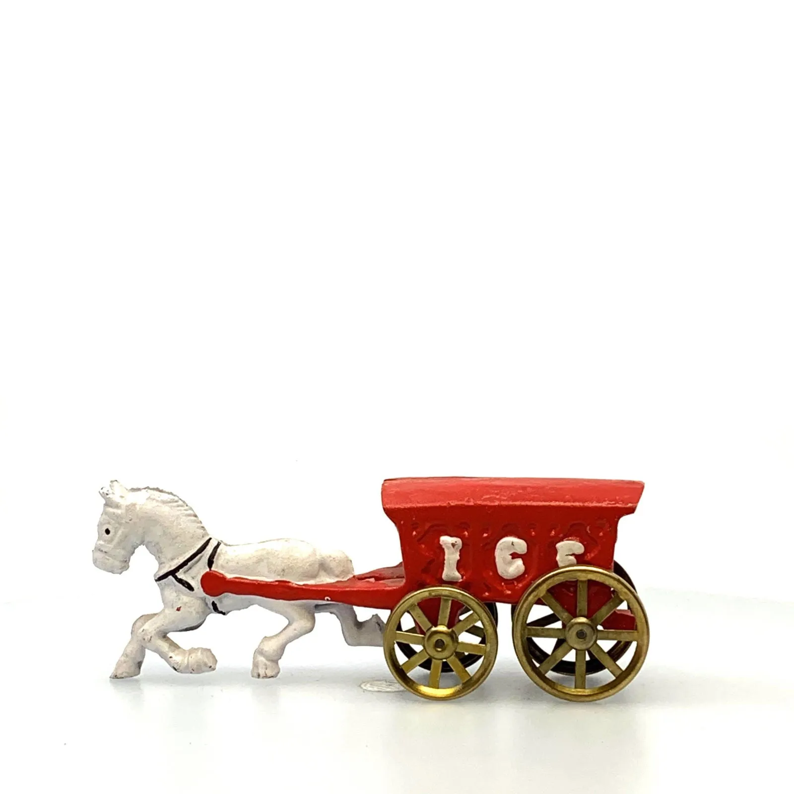 Champion Cast Iron Red Ice Wagon White Horse Drawn Cart Carriage Toy, Gold Wheels