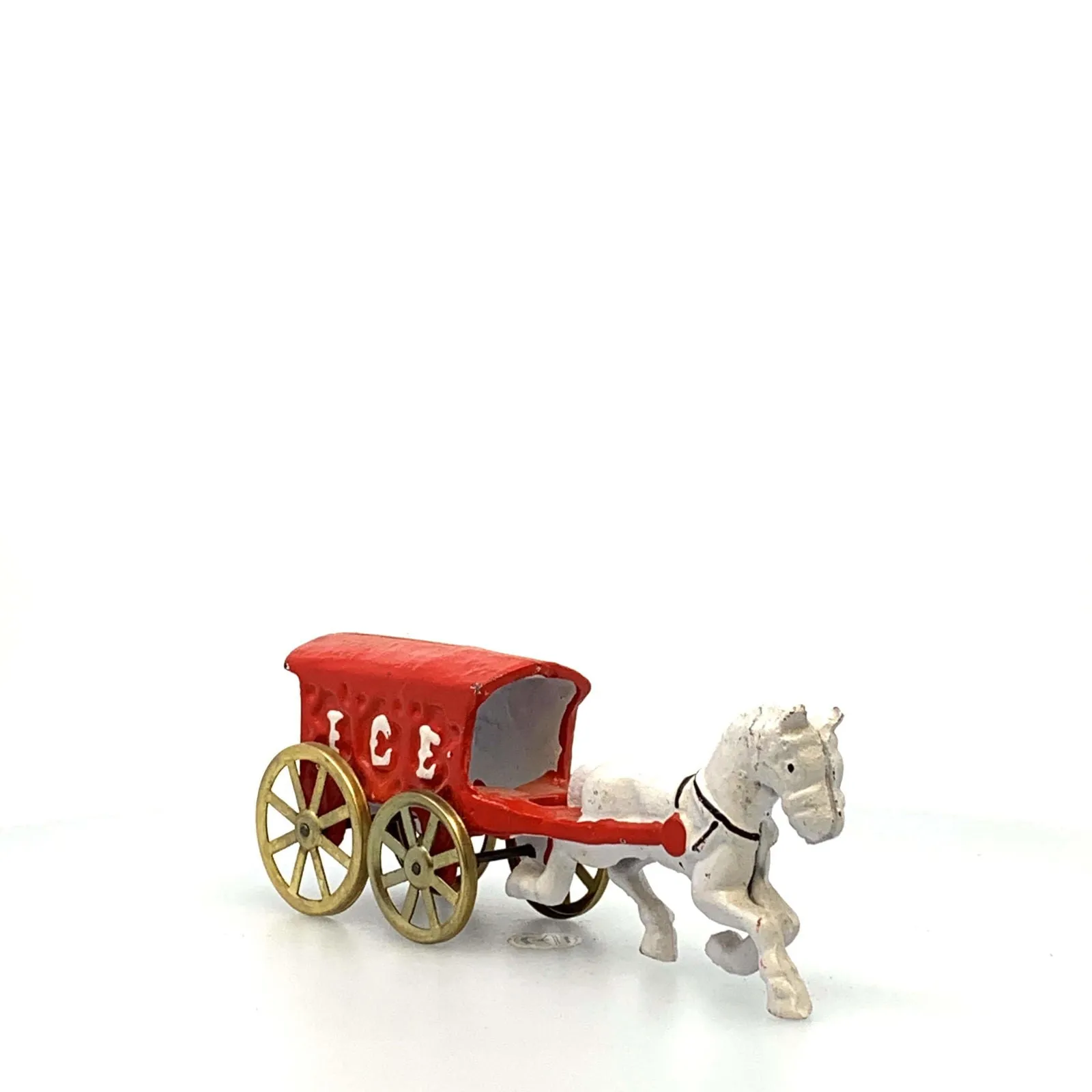 Champion Cast Iron Red Ice Wagon White Horse Drawn Cart Carriage Toy, Gold Wheels