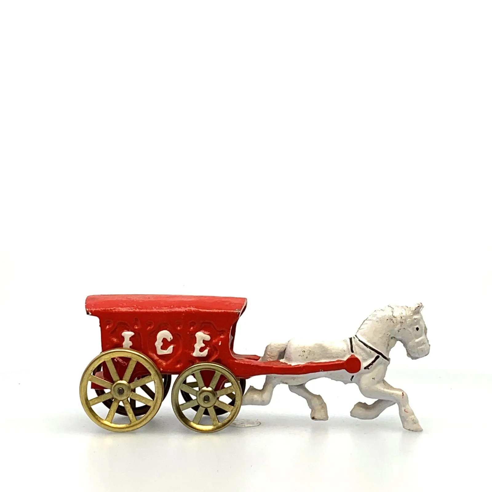 Champion Cast Iron Red Ice Wagon White Horse Drawn Cart Carriage Toy, Gold Wheels