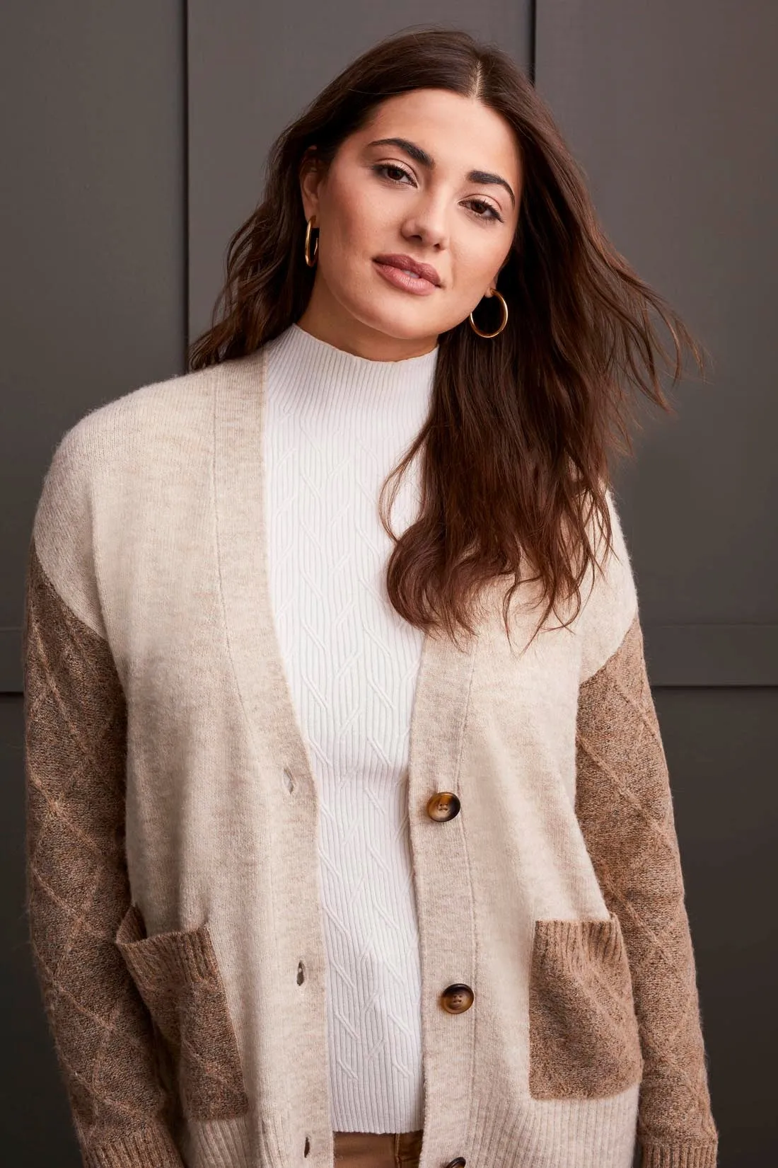 COLOR BLOCK DROP SHOULDER CARDIGAN WITH POCKETS-Frostgrey