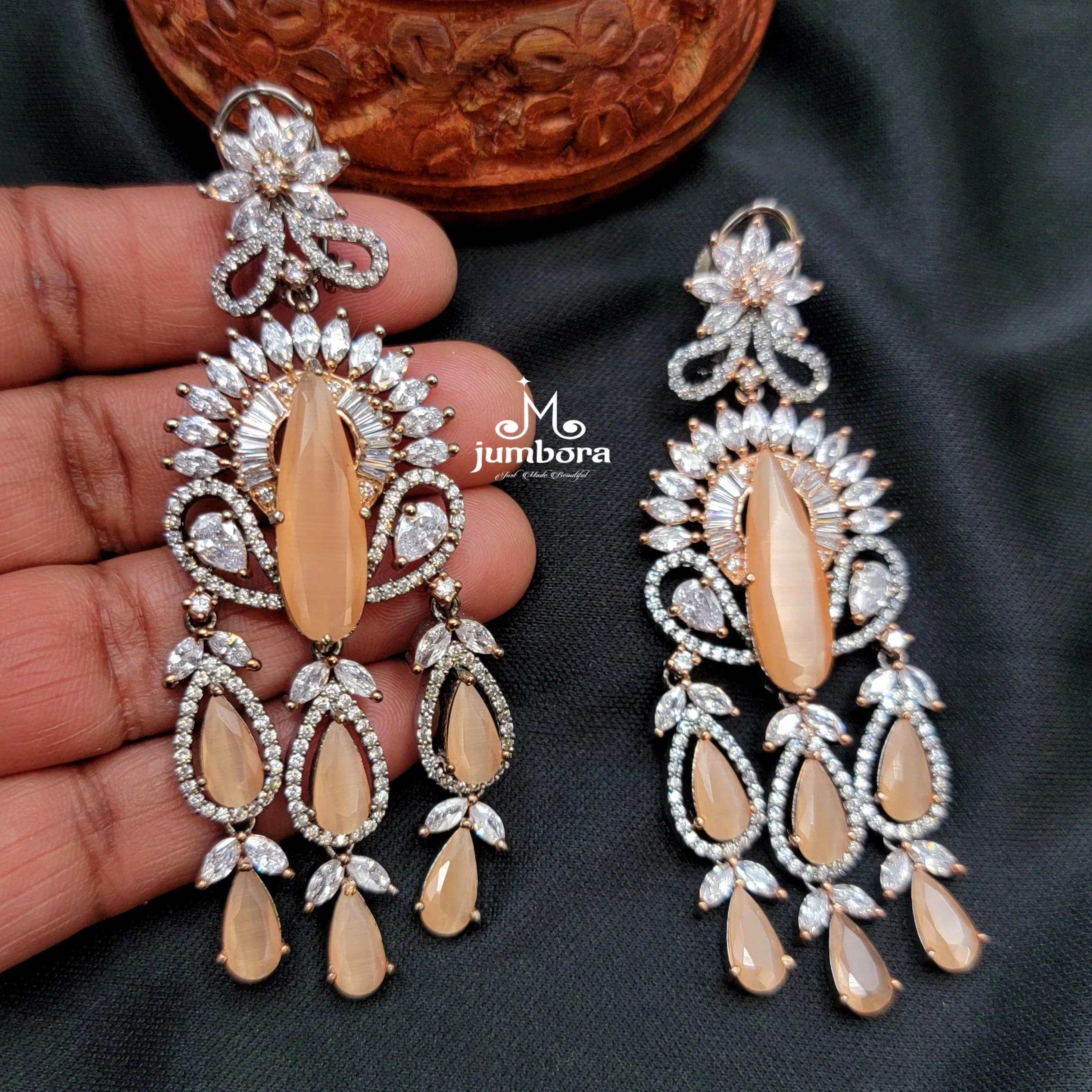 Contemporary Long Victorian Peach & White AD Zircon (CZ) Earring