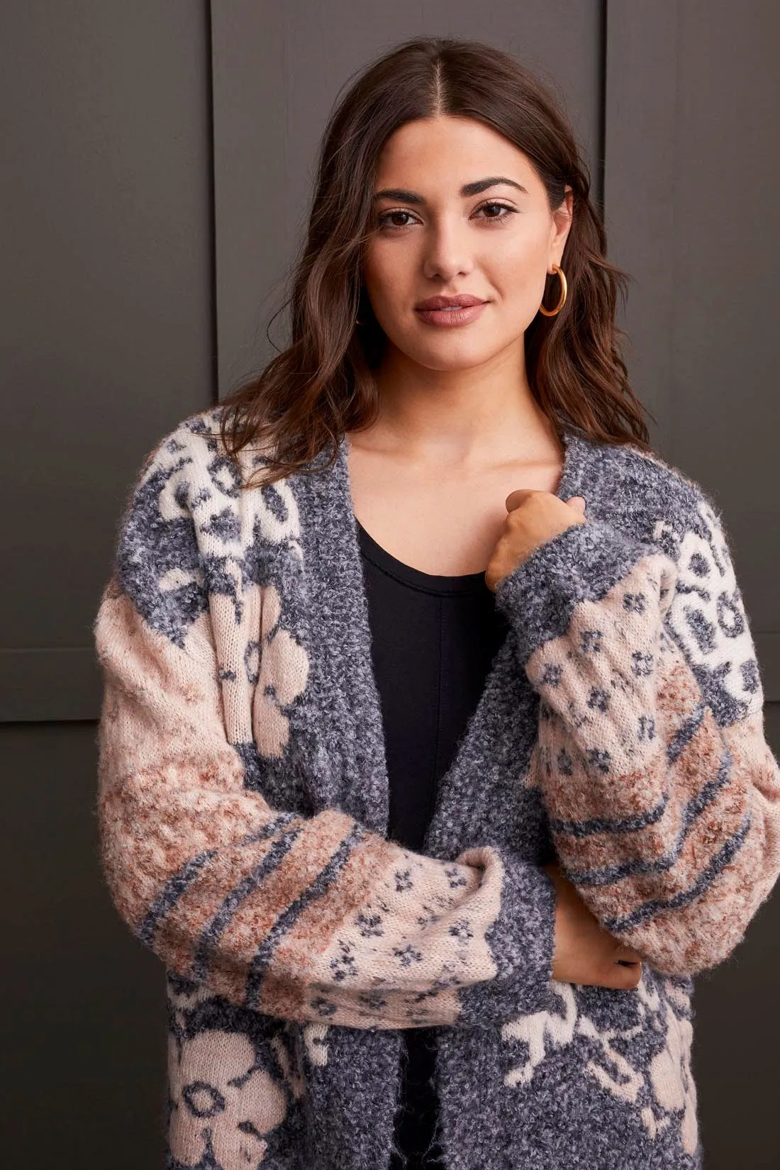 DOUBLE KNIT JACQUARD SWEATER CARDIGAN-Grey mix