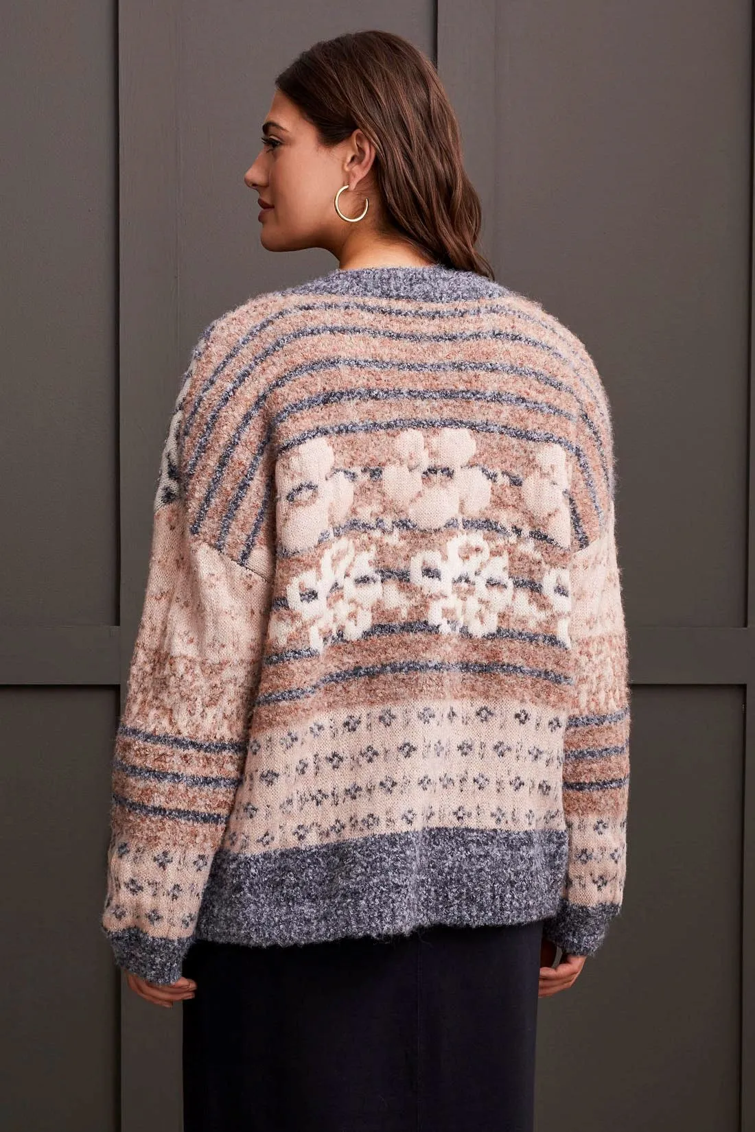 DOUBLE KNIT JACQUARD SWEATER CARDIGAN-Grey mix