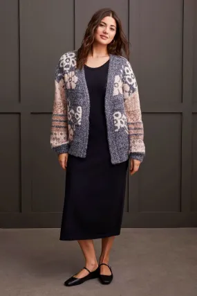 DOUBLE KNIT JACQUARD SWEATER CARDIGAN-Grey mix
