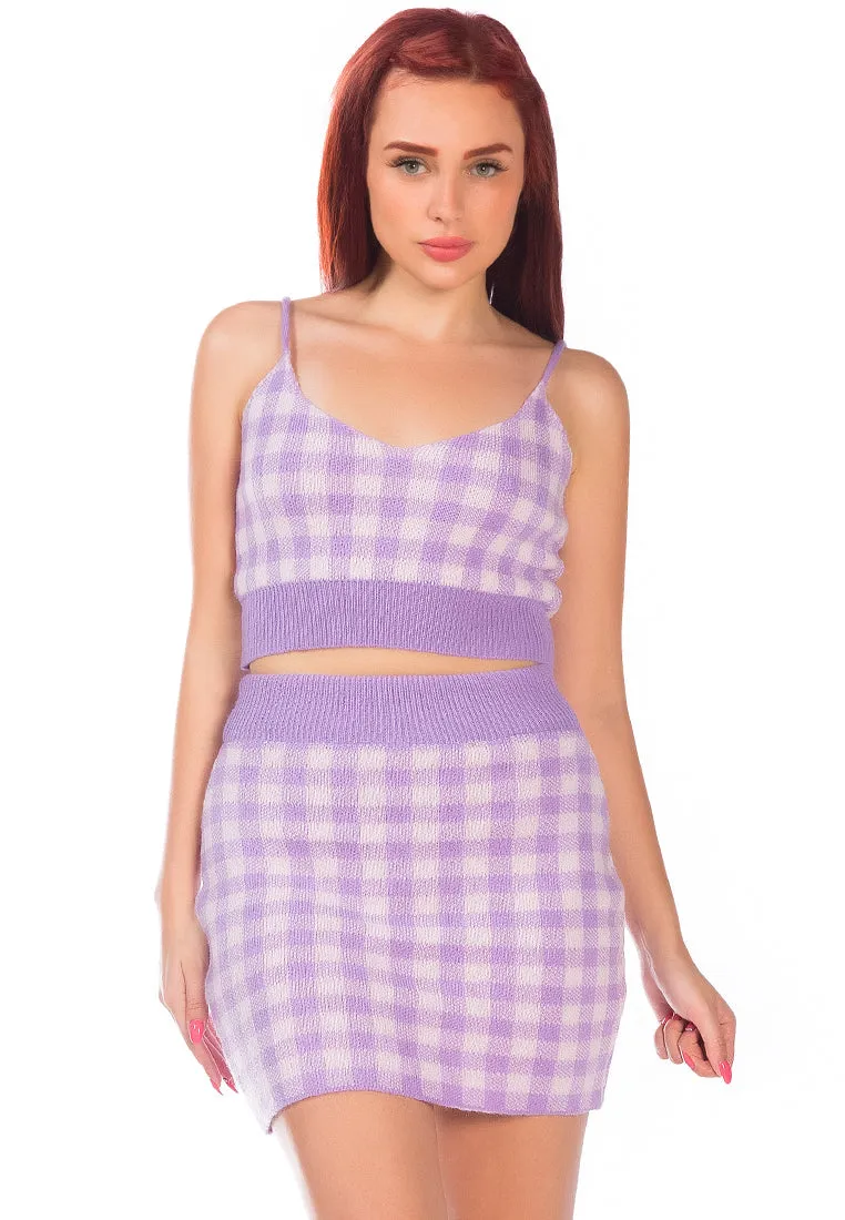 Gingham Checks Knitted Mini Skirt In Purple