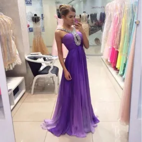 Gorgeous Purple Rhinestone Long A-line Shiny High Waist Prom Dresses, PD0290