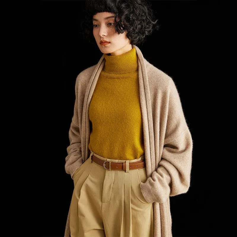 Hot Sale Autumn/Winter 100% Cashmere Cardigan – Women’s Long, Loose-Fit Solid Color Soft Knitted Sweater, Large Size