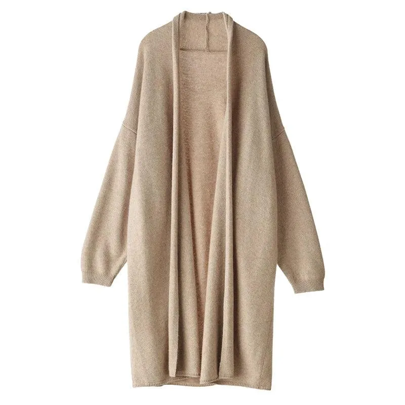 Hot Sale Autumn/Winter 100% Cashmere Cardigan – Women’s Long, Loose-Fit Solid Color Soft Knitted Sweater, Large Size