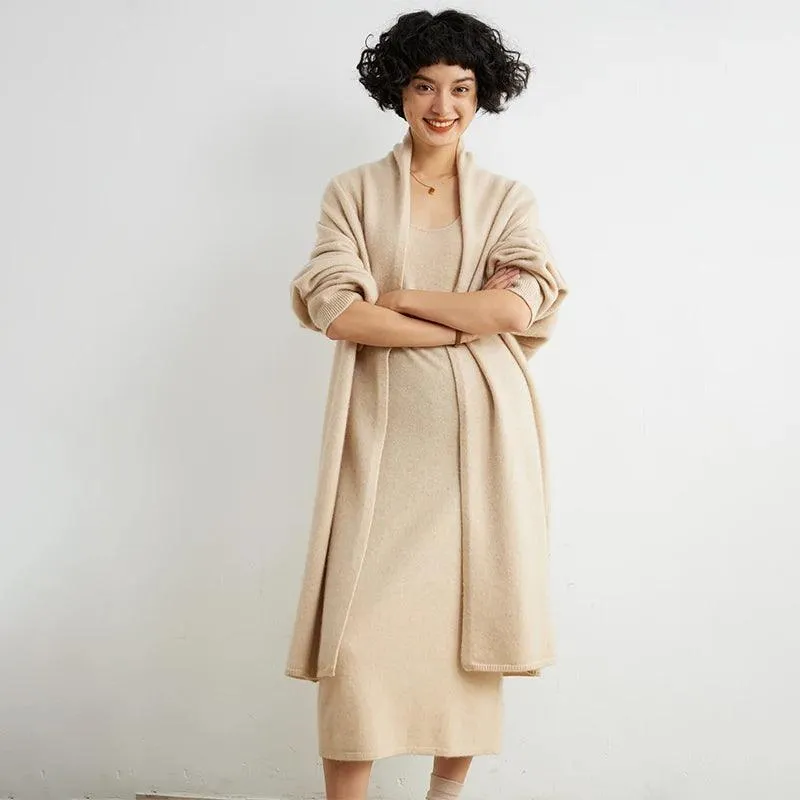 Hot Sale Autumn/Winter 100% Cashmere Cardigan – Women’s Long, Loose-Fit Solid Color Soft Knitted Sweater, Large Size