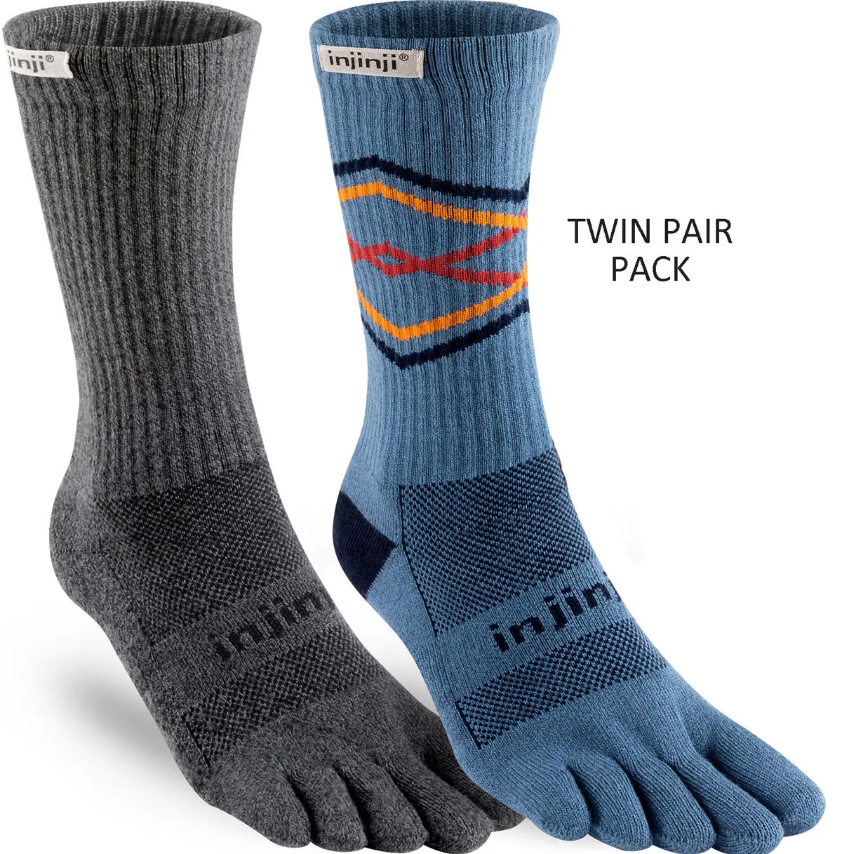 Injinji Men's Mid-Weight Trail Run Crew Length Toe Socks TWIN PACK (INJ-TR-CR-TWIN)