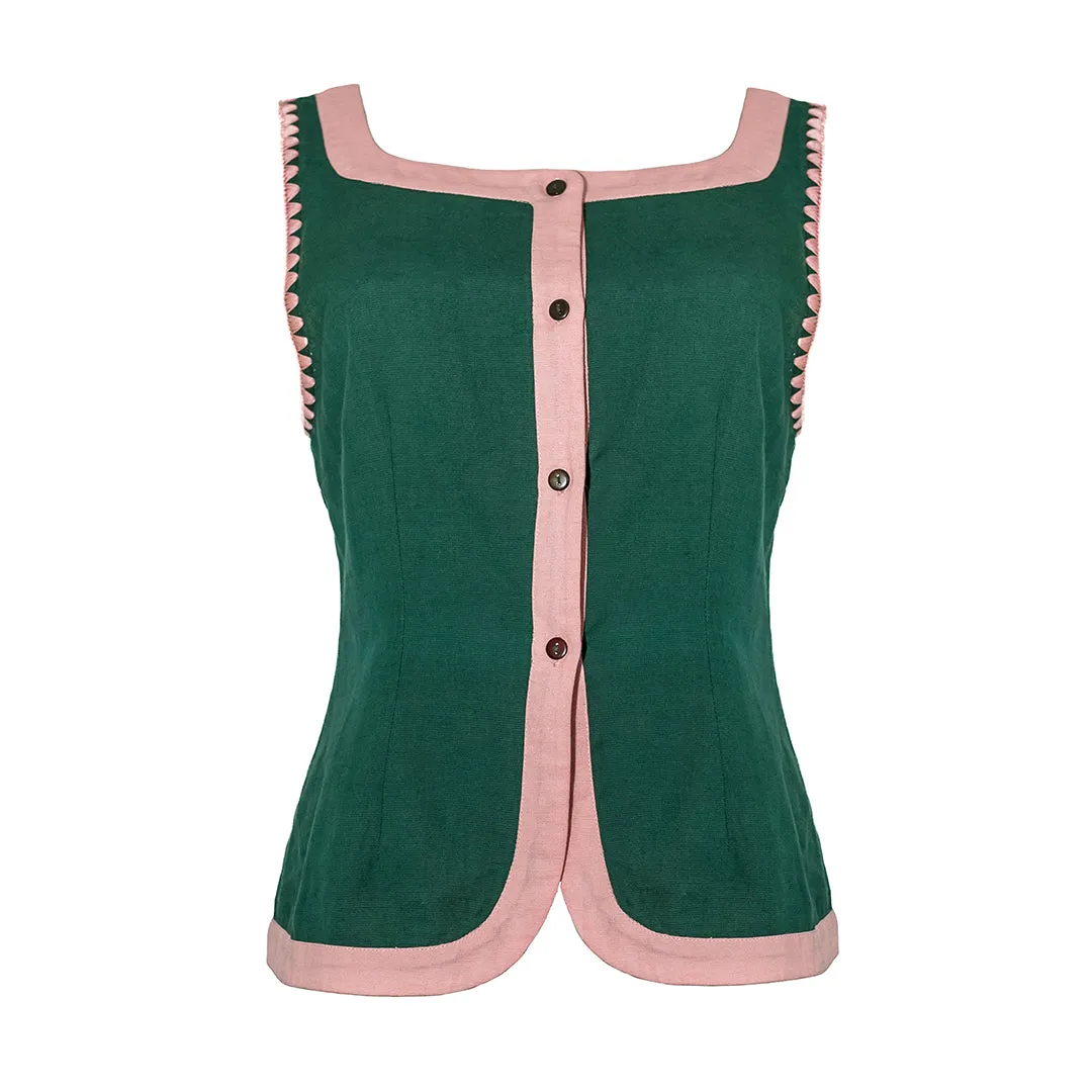 MASON'S DAUGHTER Athena Vest, Green with Pink Color Block Linen