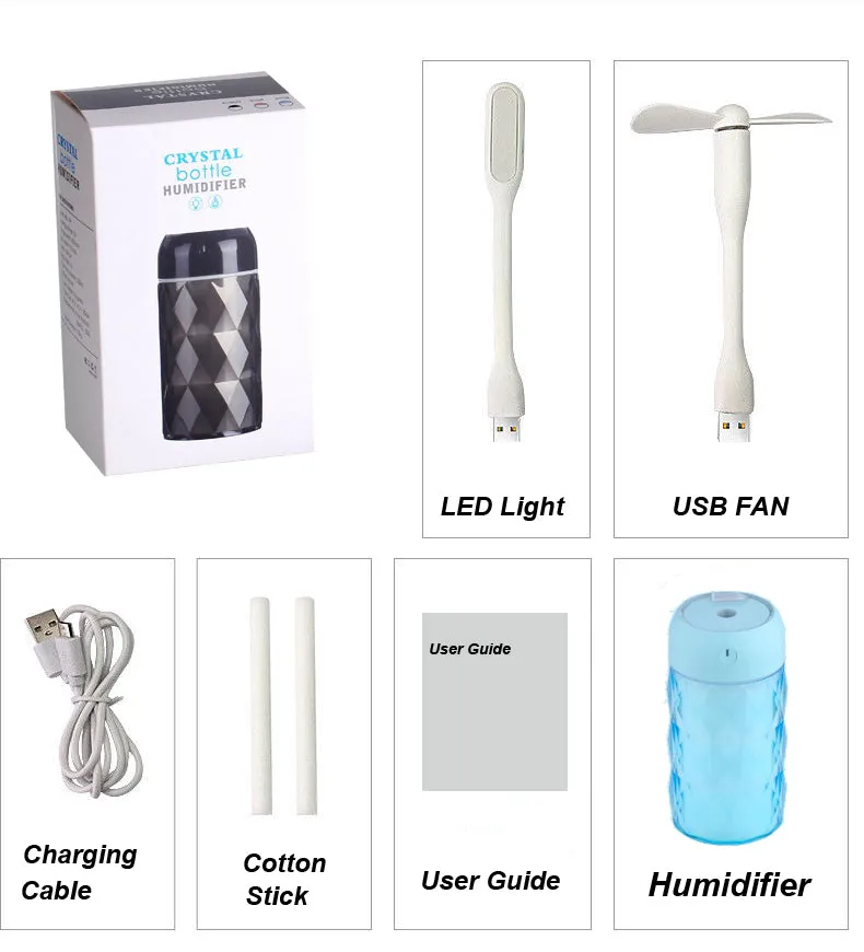 Multi Function Led Air Humidifier Aroma Diffuser Crystal Bottle w/USB Light&Fan - #ASSRY-70700