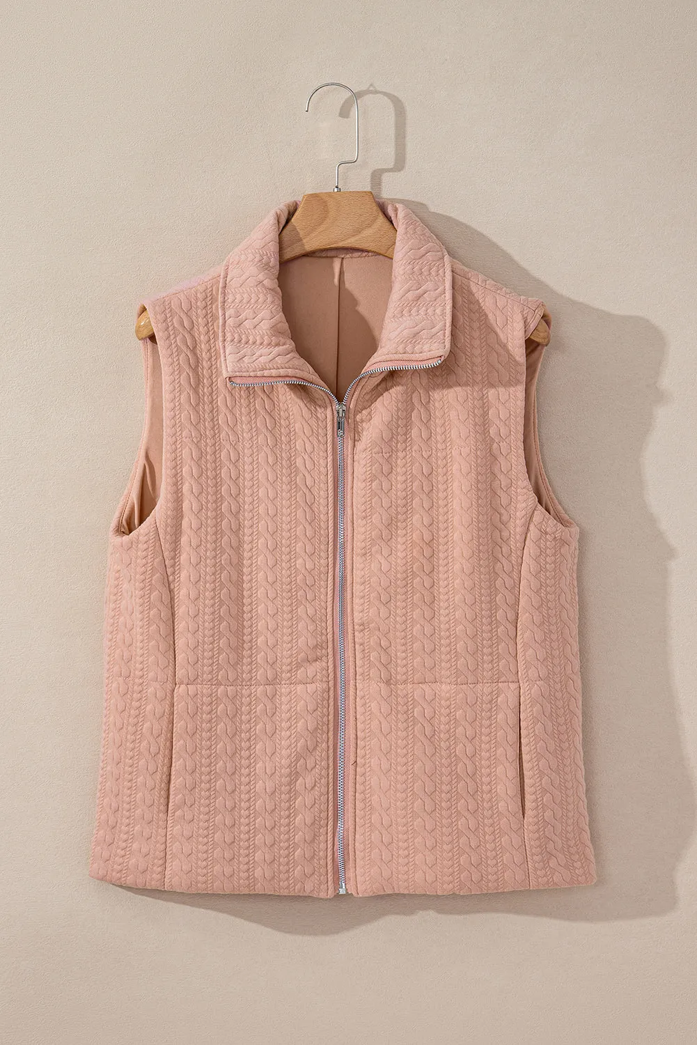 Pale Chestnut Cable Textured Zip Up Vest Jacket