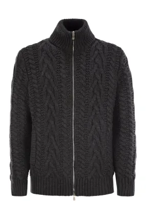 SOFT VIRGIN WOOL AND CASHMERE BRAIDED BUTTONED CARDIGAN WITH ZIP