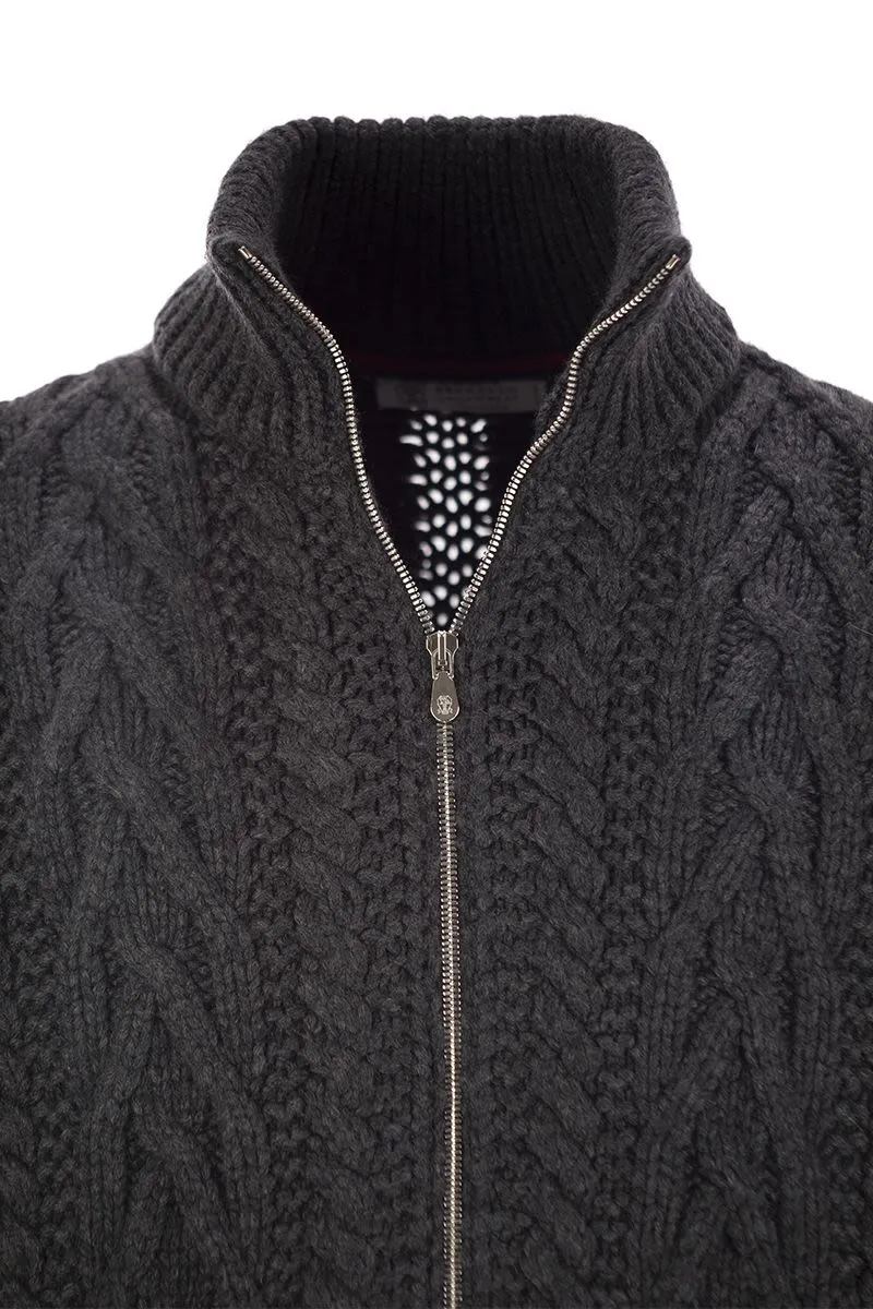 SOFT VIRGIN WOOL AND CASHMERE BRAIDED BUTTONED CARDIGAN WITH ZIP