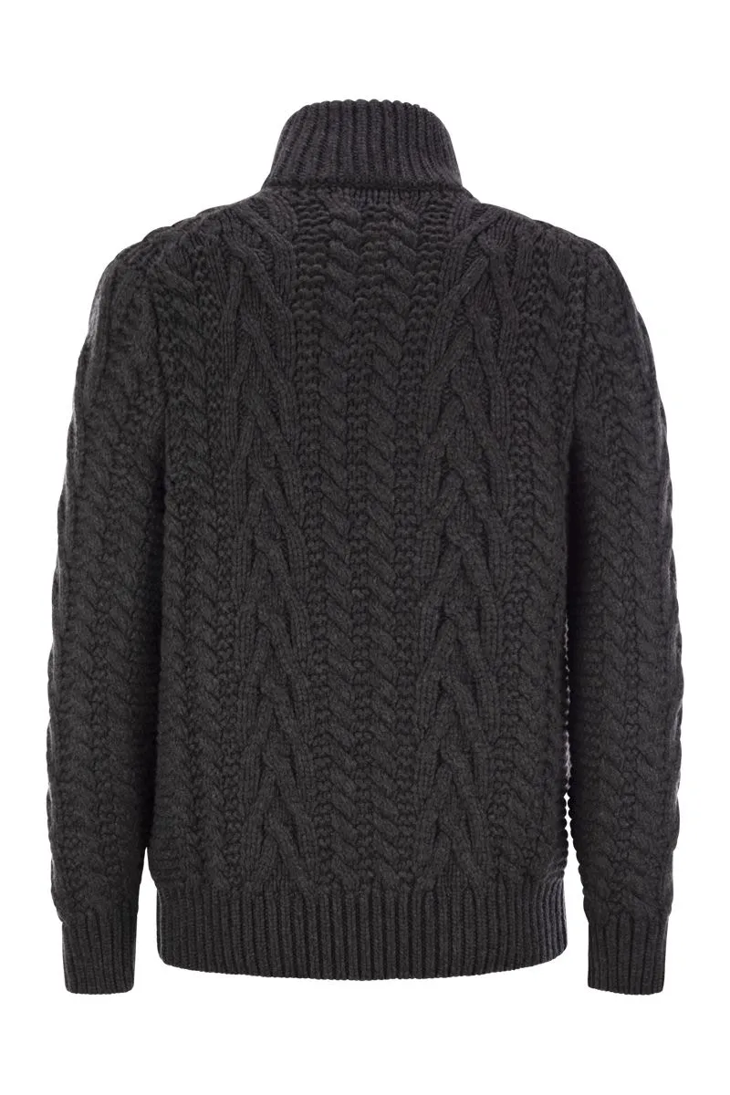 SOFT VIRGIN WOOL AND CASHMERE BRAIDED BUTTONED CARDIGAN WITH ZIP