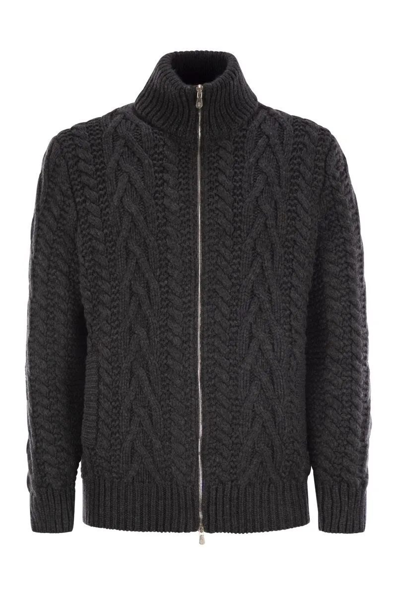 SOFT VIRGIN WOOL AND CASHMERE BRAIDED BUTTONED CARDIGAN WITH ZIP