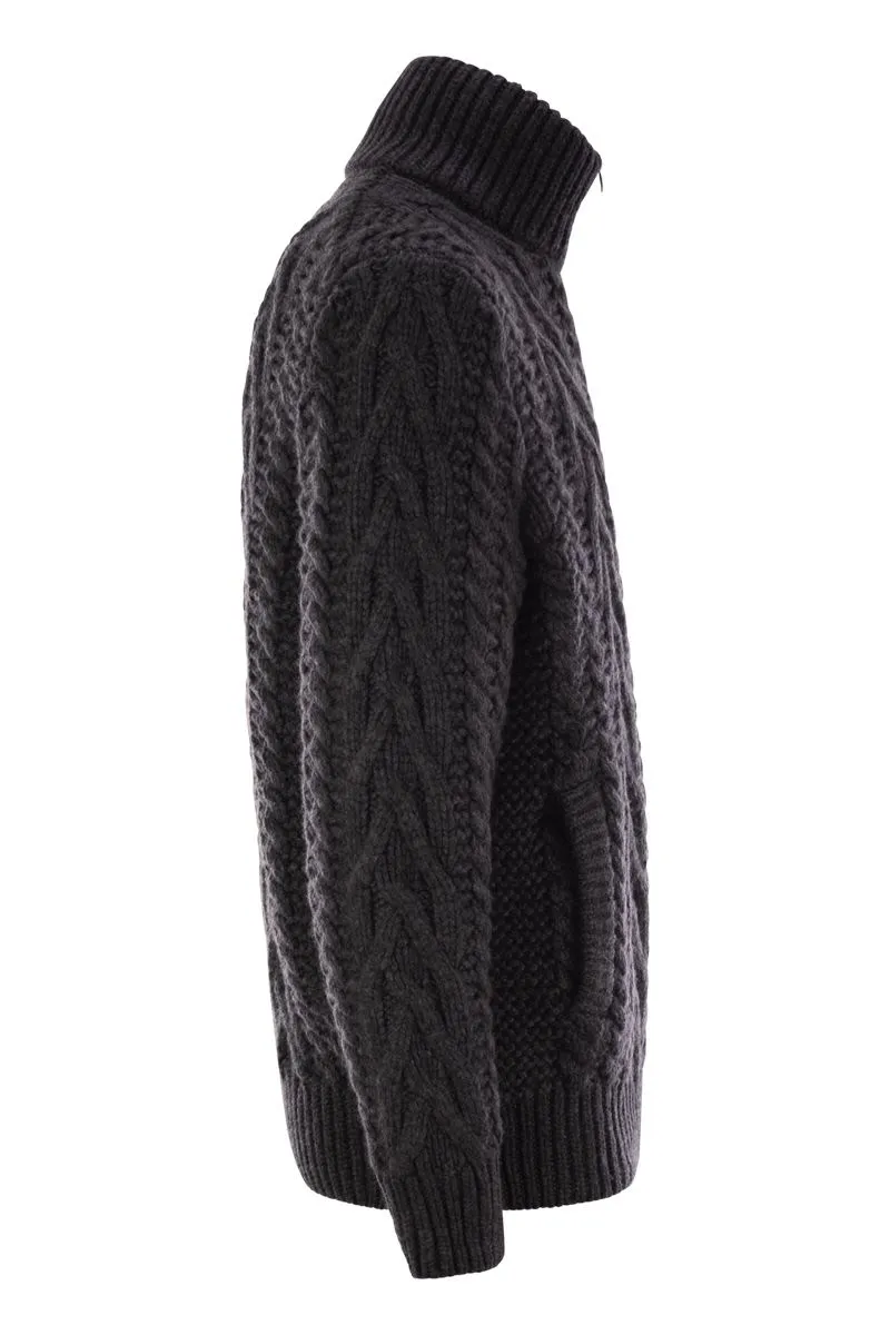 SOFT VIRGIN WOOL AND CASHMERE BRAIDED BUTTONED CARDIGAN WITH ZIP