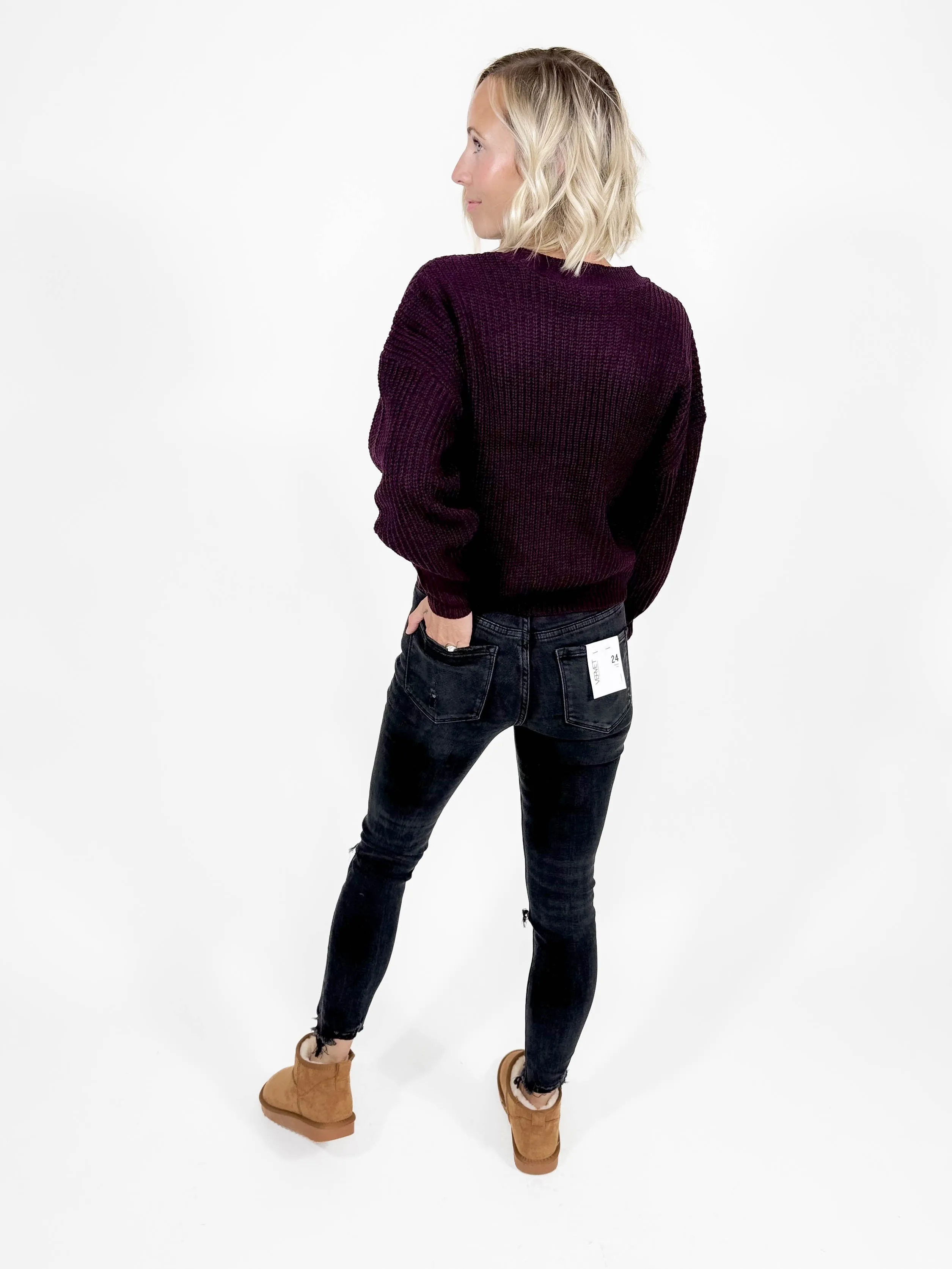 VERO MODA Lea V-Neck Cuff Cardigan- WINE
