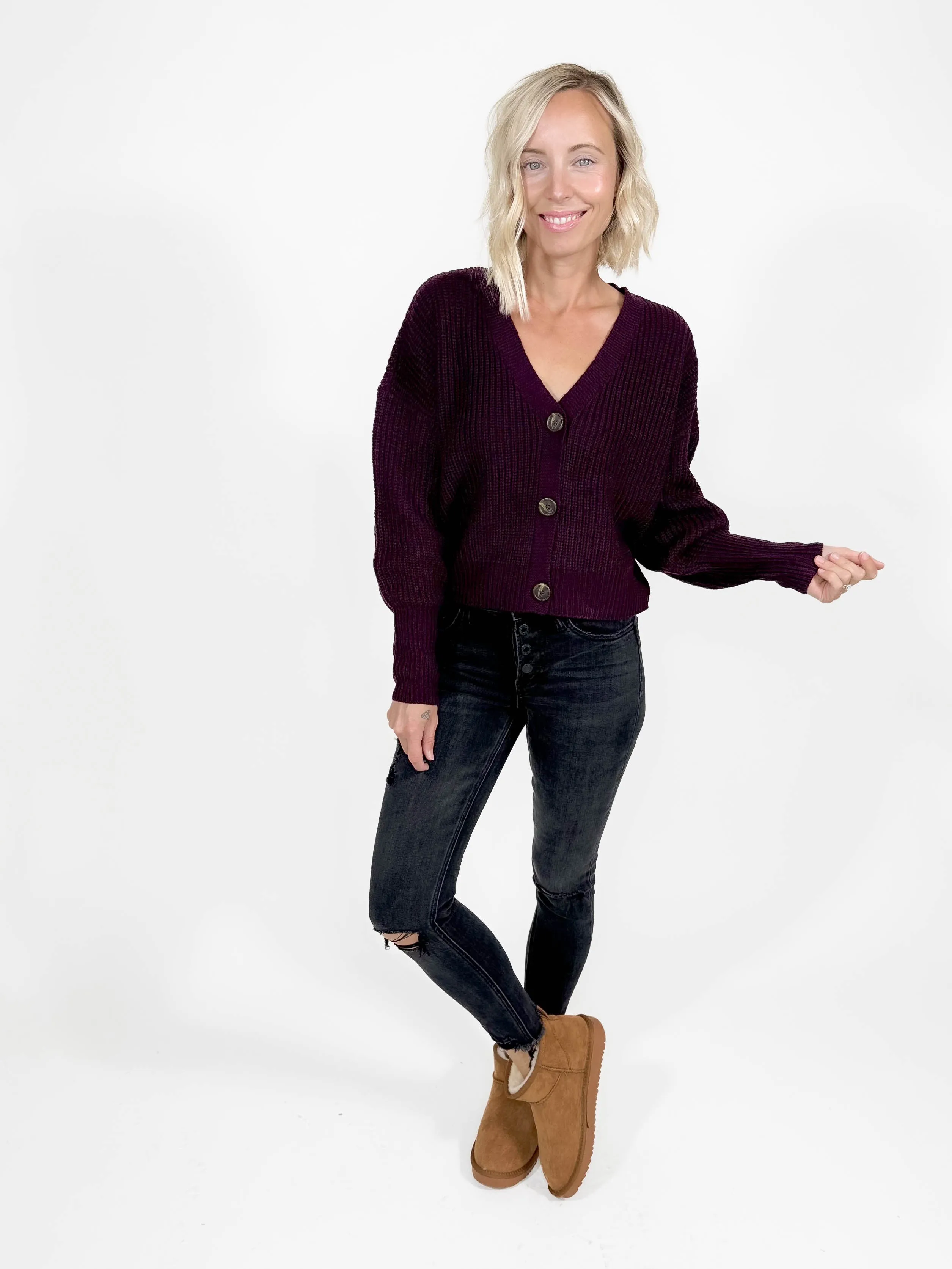 VERO MODA Lea V-Neck Cuff Cardigan- WINE