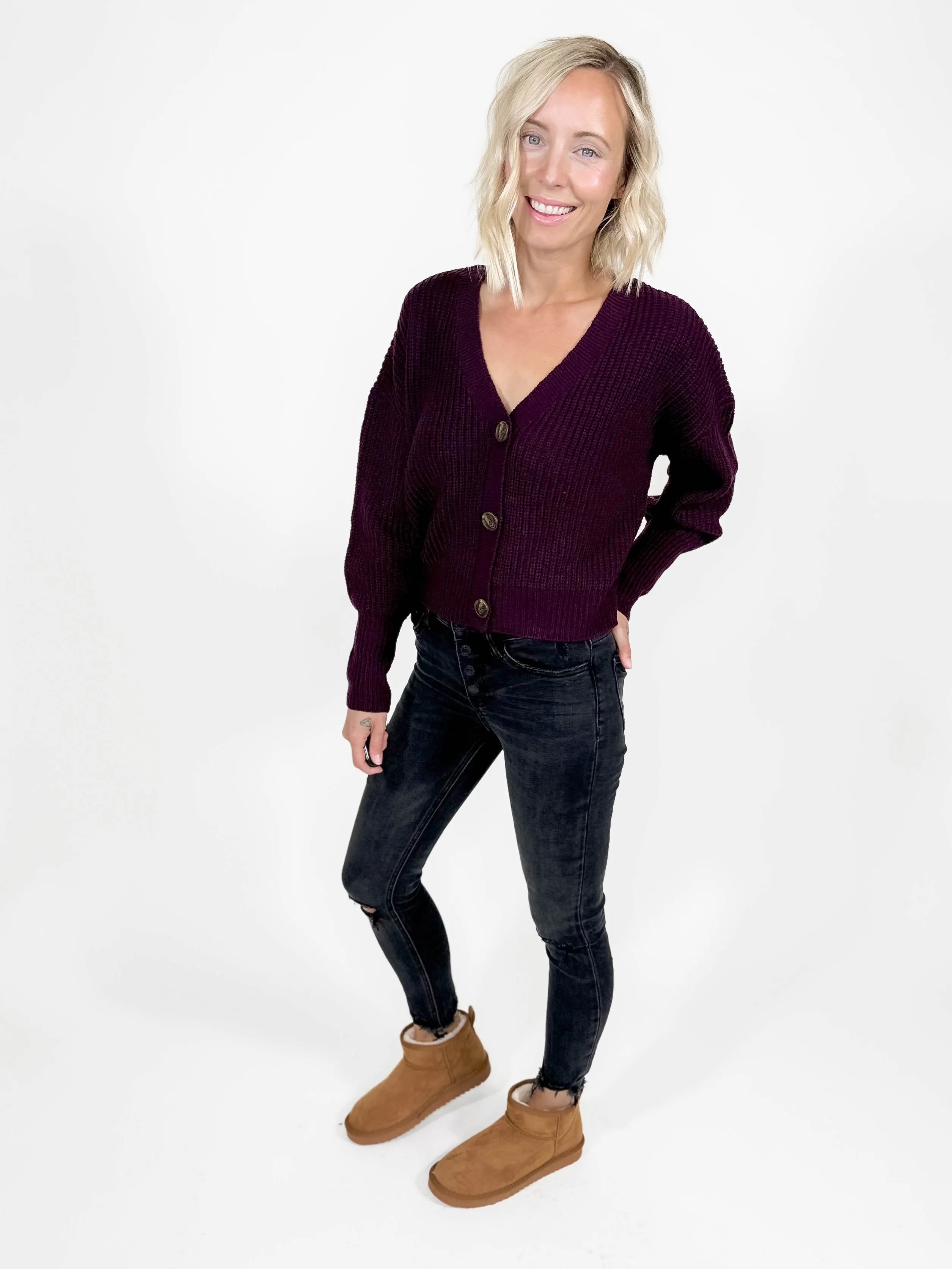 VERO MODA Lea V-Neck Cuff Cardigan- WINE