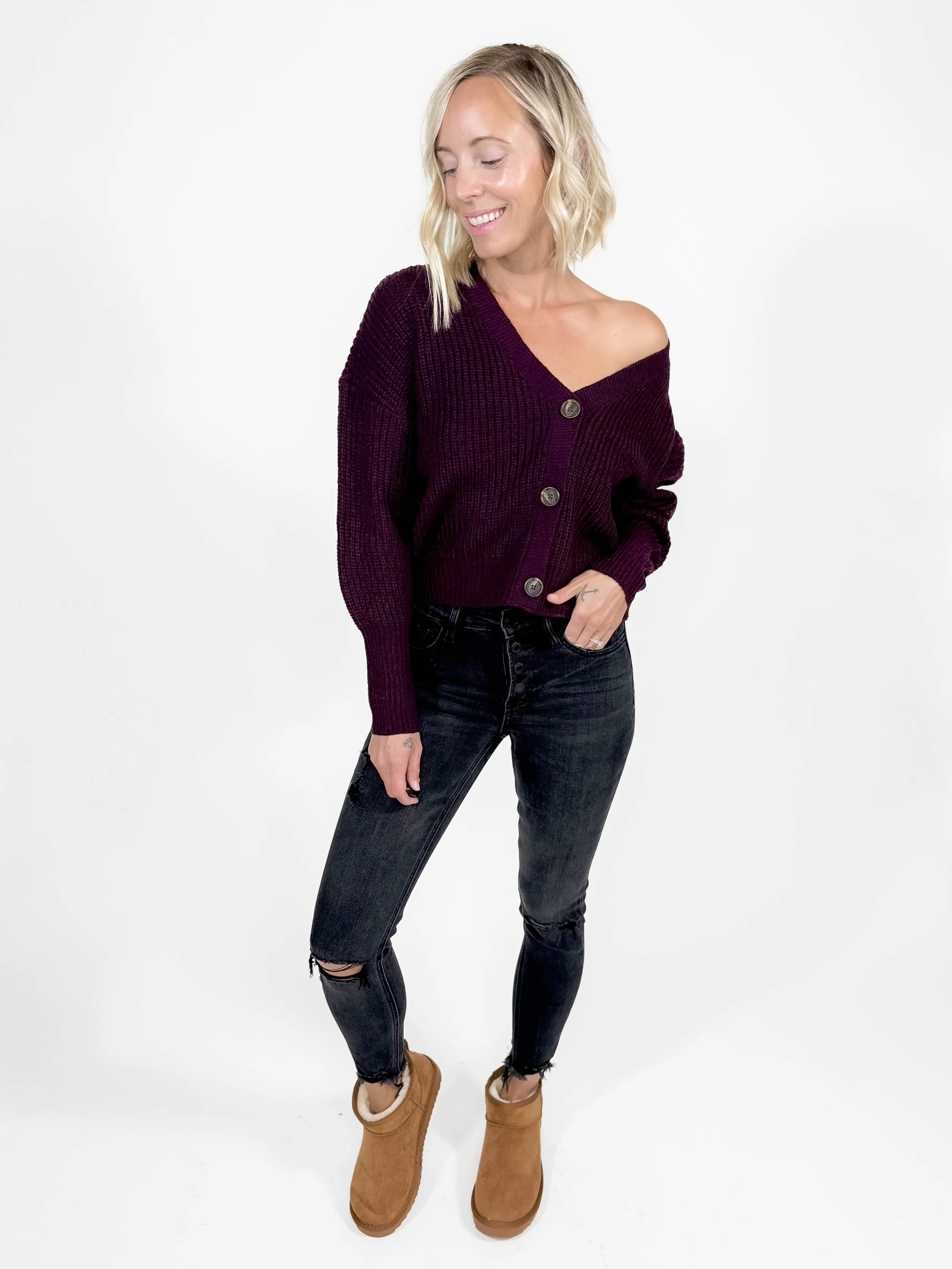 VERO MODA Lea V-Neck Cuff Cardigan- WINE