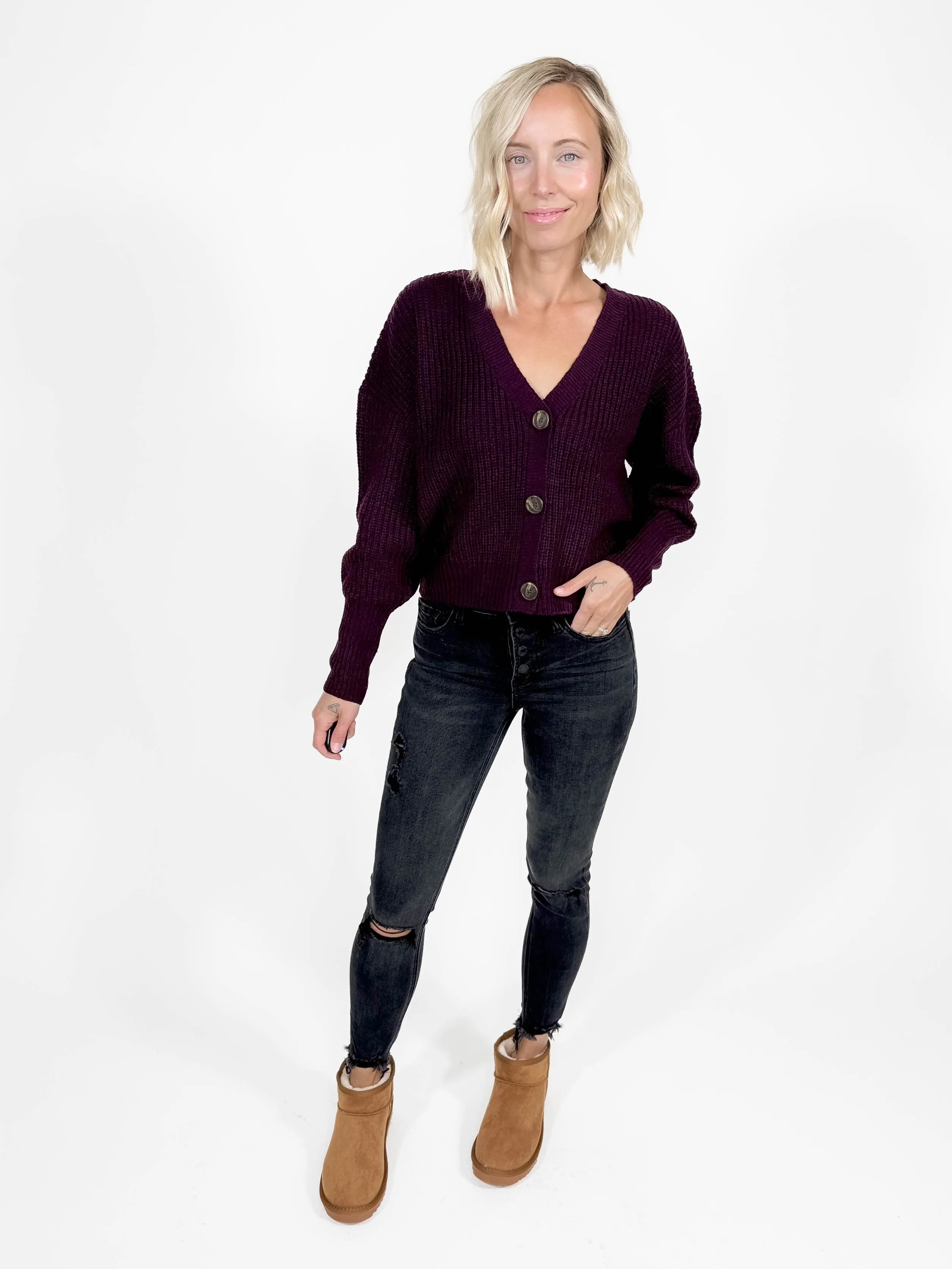 VERO MODA Lea V-Neck Cuff Cardigan- WINE